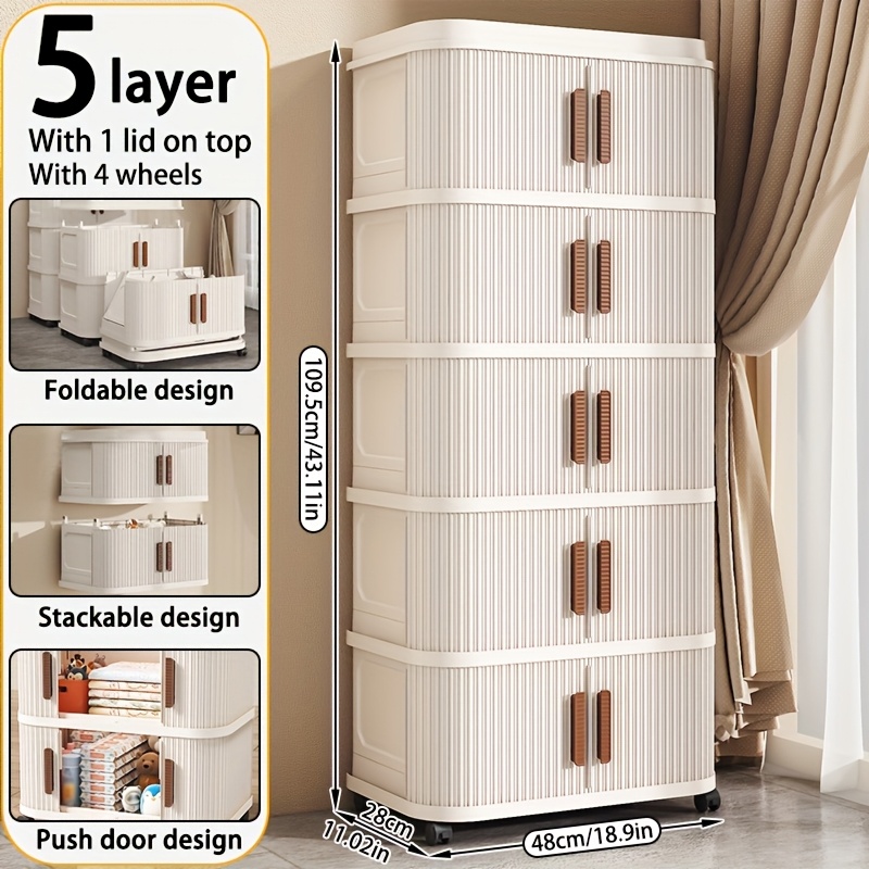 TEMU 2/3/4/5 Tier Lidded Plastic Storage Bin, Foldable Wardrobe Organizer Storage Bin, Stackable Storage Bin With Wheels, White Cube Storage Cabinet,