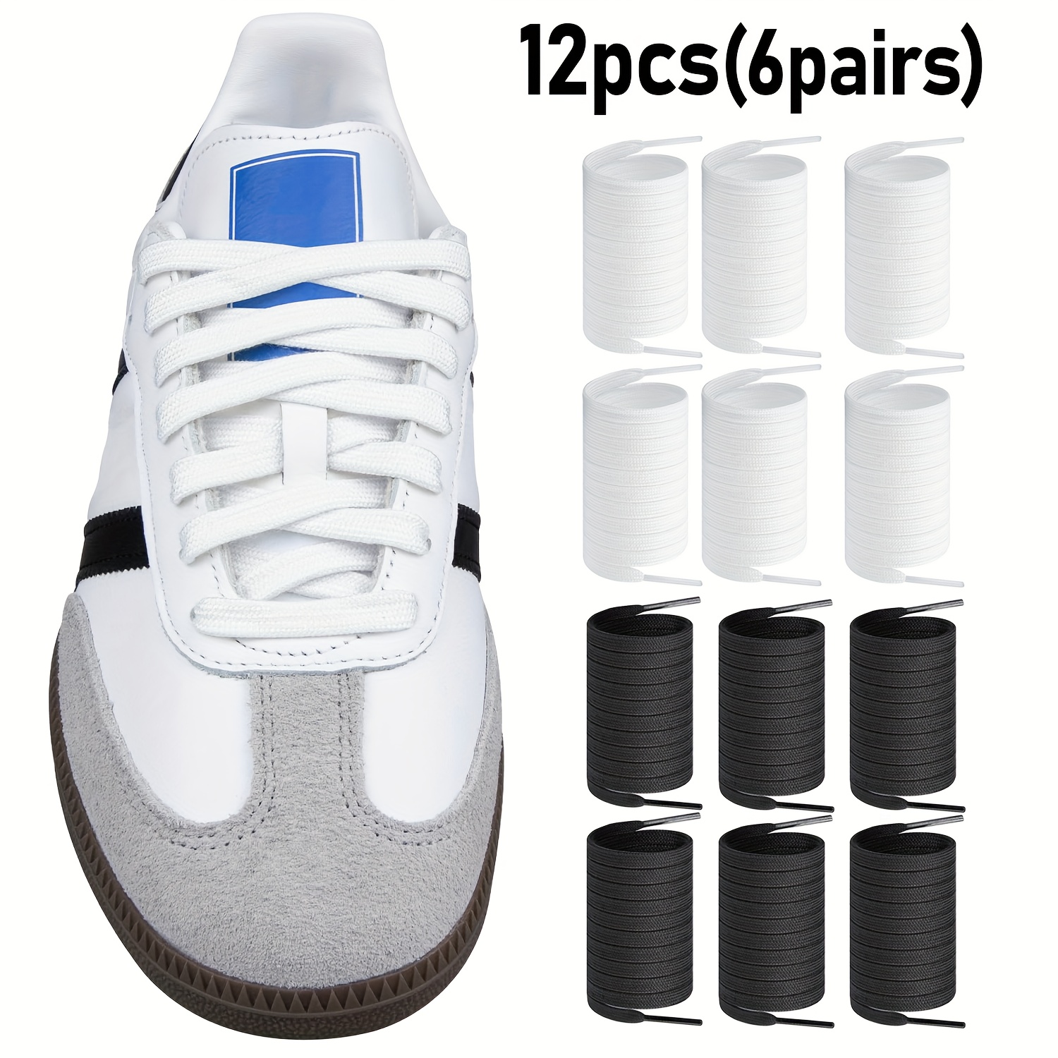 E-shop 12 Stück (6 Paar) 8 mm breite doppellagige Schnürsenkel für Herren Damen, Sneaker, Leinenschuhe, Weiß Schwarz, trendige flache vielseitige