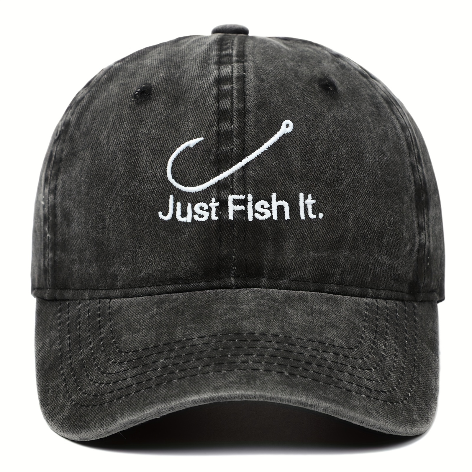 

Just Fish It Letter Embroidery Washed Baseball Cap, Unisex Cotton Uv Protection Lightweight Duckbill Cap, For Outdoor Activities