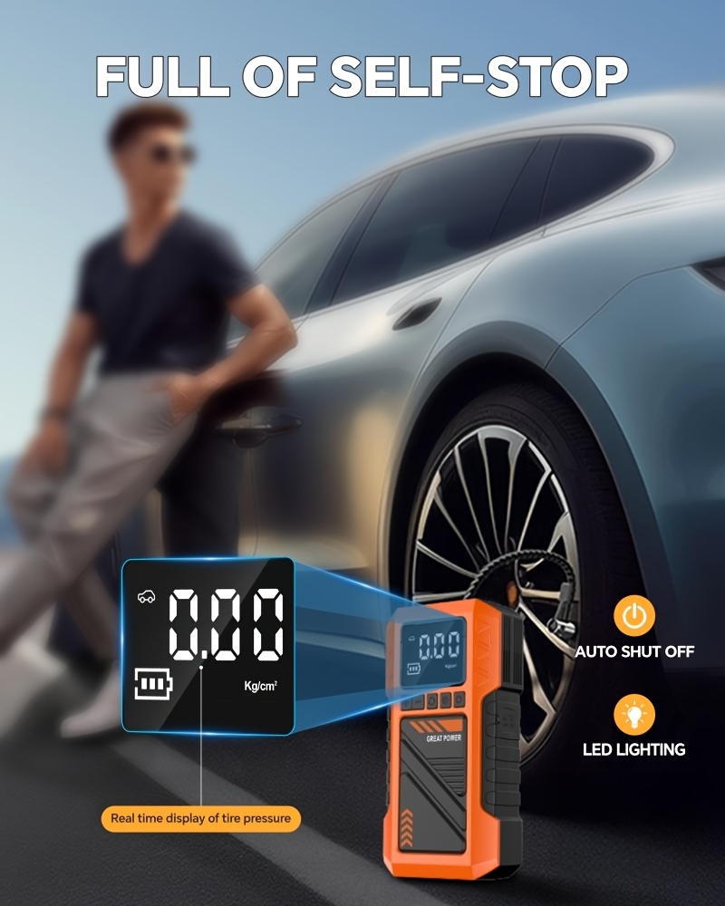 Upgraded 10-In-1 Multifunctional Portable Air Compressor, Equipped with 180 PSI Air Pump, Heavy-Duty Car Emergency Jump Start Kit, Emergency Starter Box for 5.0L Gasoline/101.44Oz Diesel, Portable Tire Inflator, 8000A Peak, 3 Modes Lighting