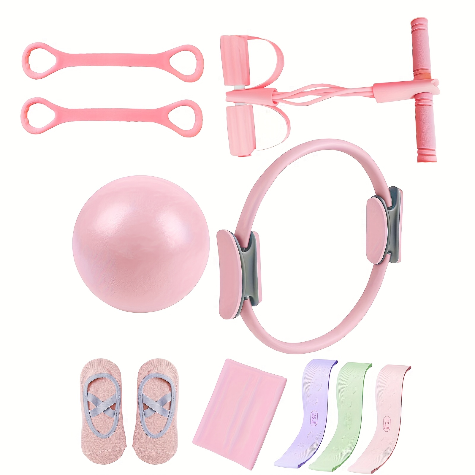 TEMU 1 Set Of - Portable Fitness Equipment - Includes Adjustable Pilates Ring, Long Resistance Band, Soft Pilates Ball, And Pilates Grip Socks,