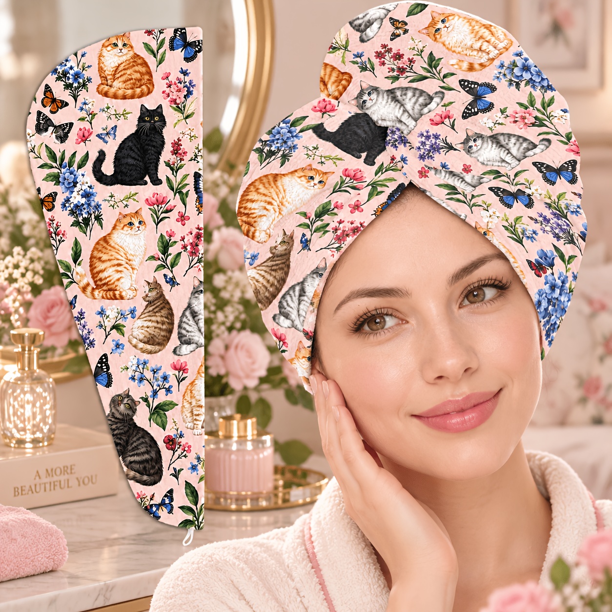 TEMU 1pc Women's Absorbent Quick-dry Hair , Soft Fiber Cat Floral Pattern Headscarf, Button-fixed Long Hair Towel, Highly Absorbent Quick-dry Towel,