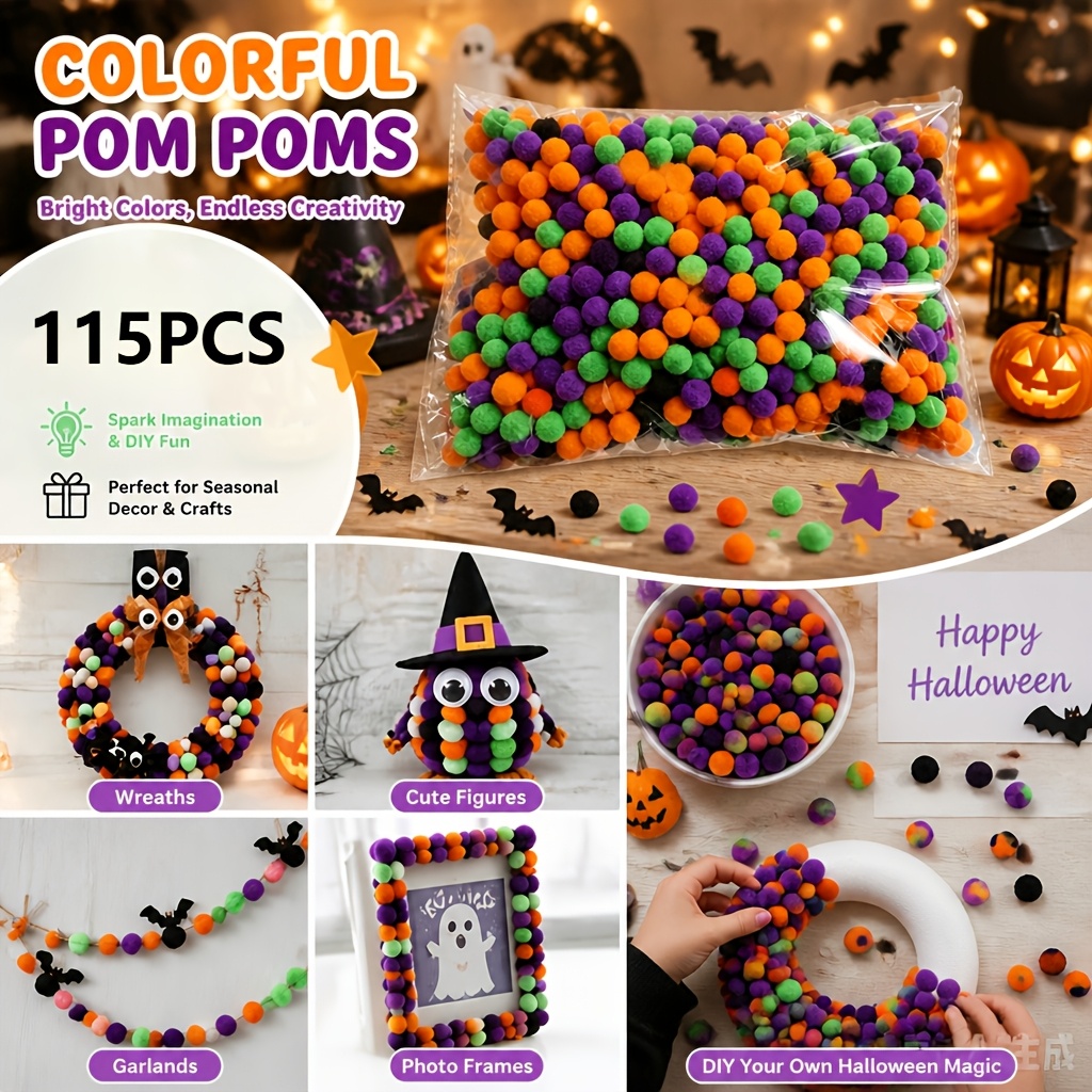 TEMU Ensemble de boules colorées d'Halloween, boules en peluche faites à à faire soi-même, boules duveteuses multicolores pour couronnes, décorations