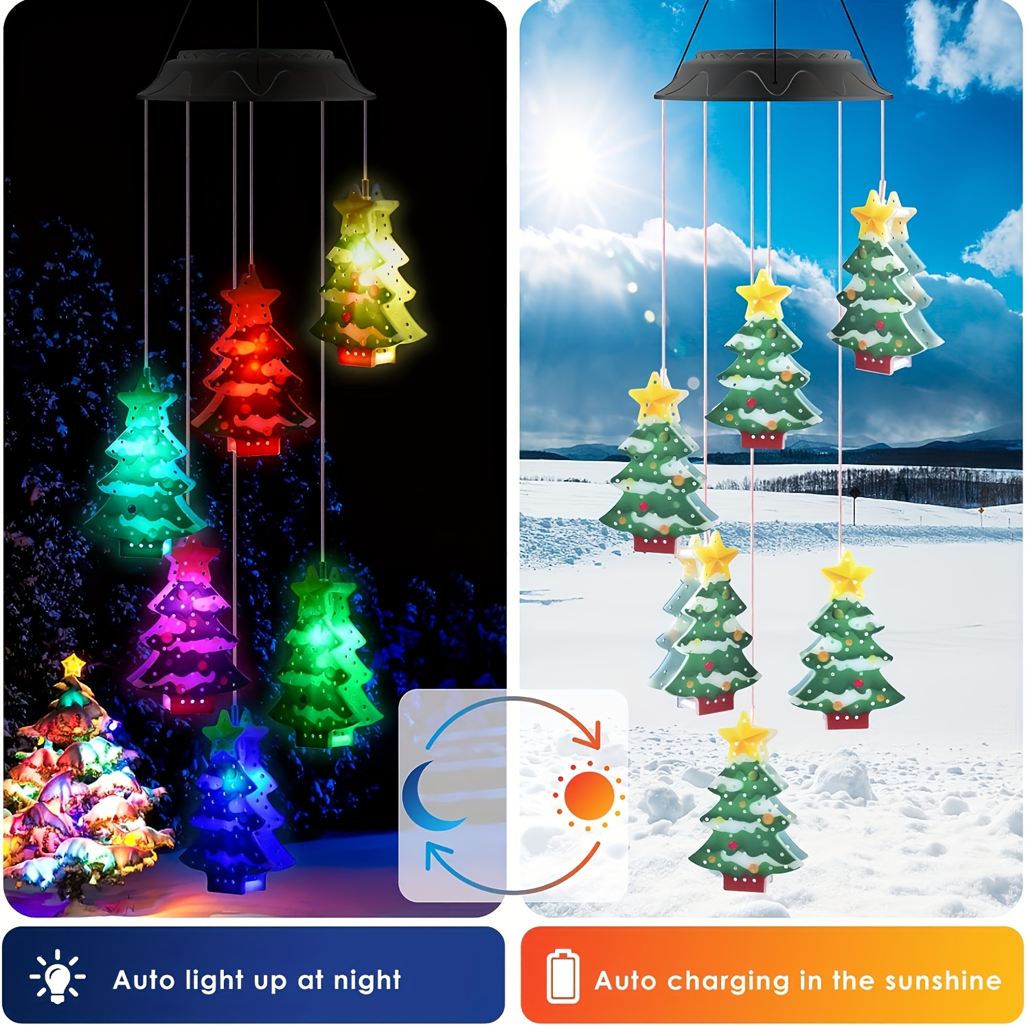 TEMU Colorful Christmas Tree Solar Lights, Outdoor Led Wind Chime Decor For Patio, Balcony, Party, Yard & Garden - Pendants & Drops With Finials