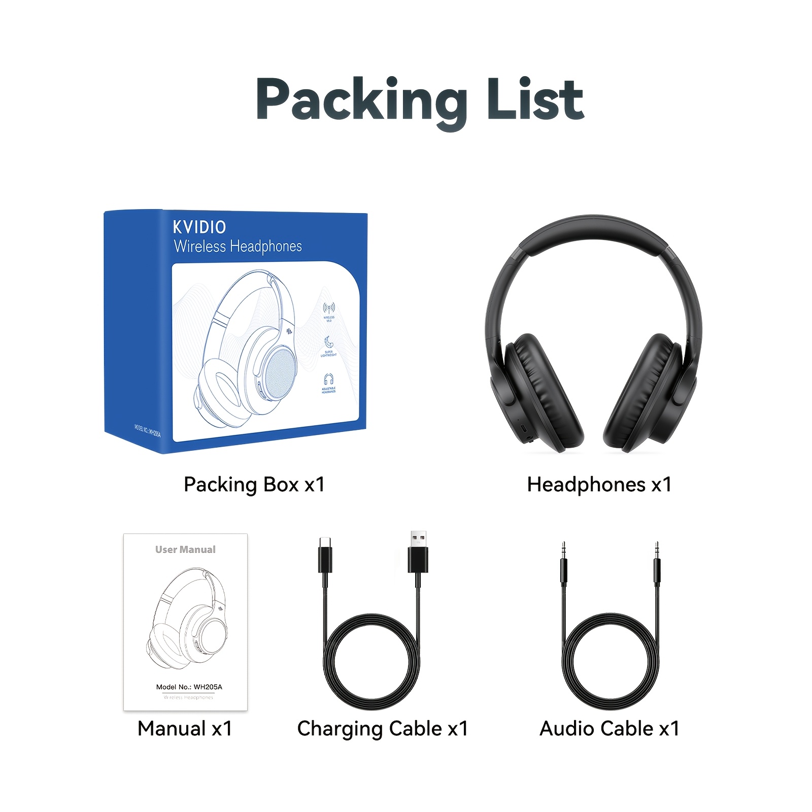 KVIDIO Bluetooth 6.0 Wireless Headphones, 65 Hours Playtime, Sealed Type, Microphone Included, Soft Earmuffs &Light Weight for Prolonged Waring for PC/Travel/School/iPad