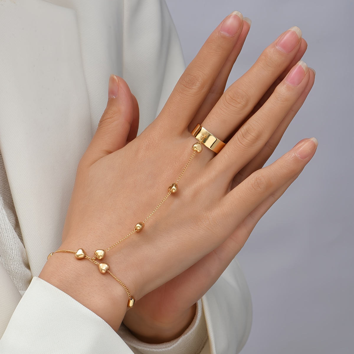 simple zinc alloy finger ring bracelet golden color hand back chain jewelry accessory details 3