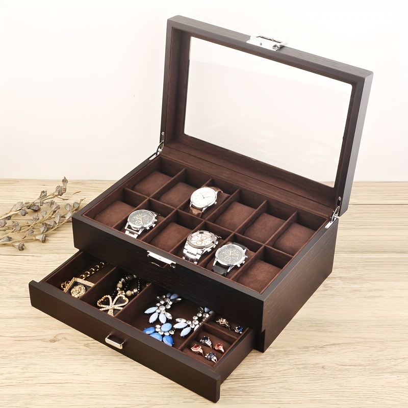 

1pc Wooden 2-layer 12 Slots Watch Jewelry Box, Multi-grid Wooden Lacquer Watch Storage Box With Suede Lining, Transparent Glass Top And Accessory Storage Drawer