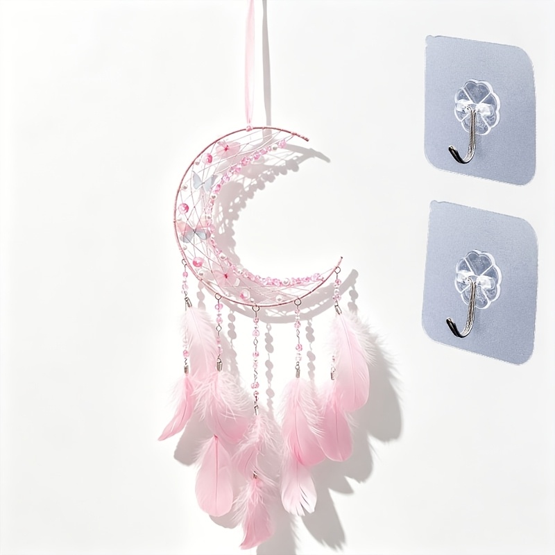 TEMU 3pcs Dreamcatcher Set With 2 Adhesive Hooks, 1 Metal Crescent Woven Ornament   2 Hooks, 2 Colors(pink/), Bead Wrapped Rim & 3d , Ins Decor For
