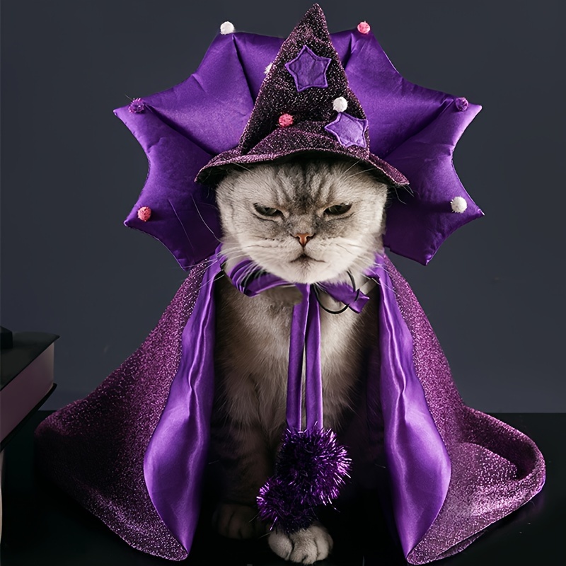 

Pet Costume Set For Cats And Dogs, Hand-wash Polyester Wizard Cape With Star Hat, Solid Color Cosplay Apparel For Small To Medium Breeds, Autumn All-season Woven Cloak With Tether Attachment