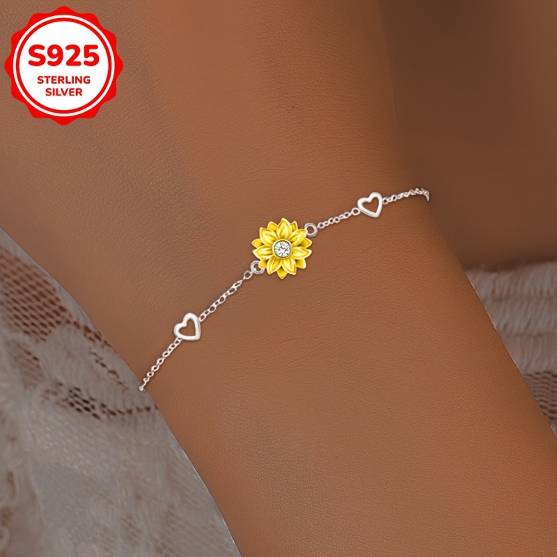 

Elegant Sunflower & Heart Charm Bracelet With Cubic Zirconia - 925 Sterling Silvery, Or Valentine's Gift