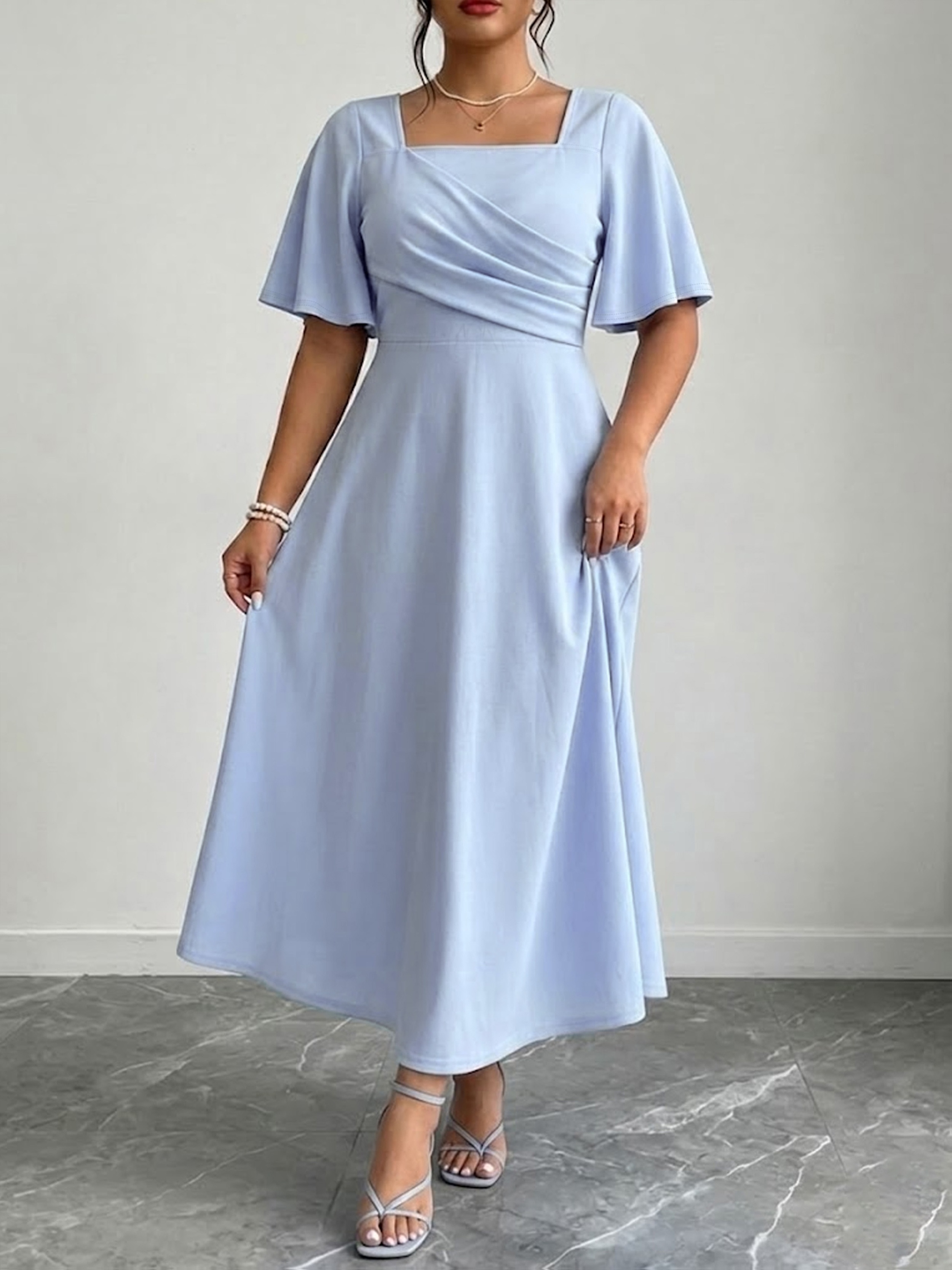 temu blue dress Plus Size Women'S Dress, Elegant Square Neck with * Sleeves And Waist Cinching Design, Cross-Pleated Long Skirt, French Gentle Style * Size:15.5 - M Cloud Dress | Keziah VDAYSALE26