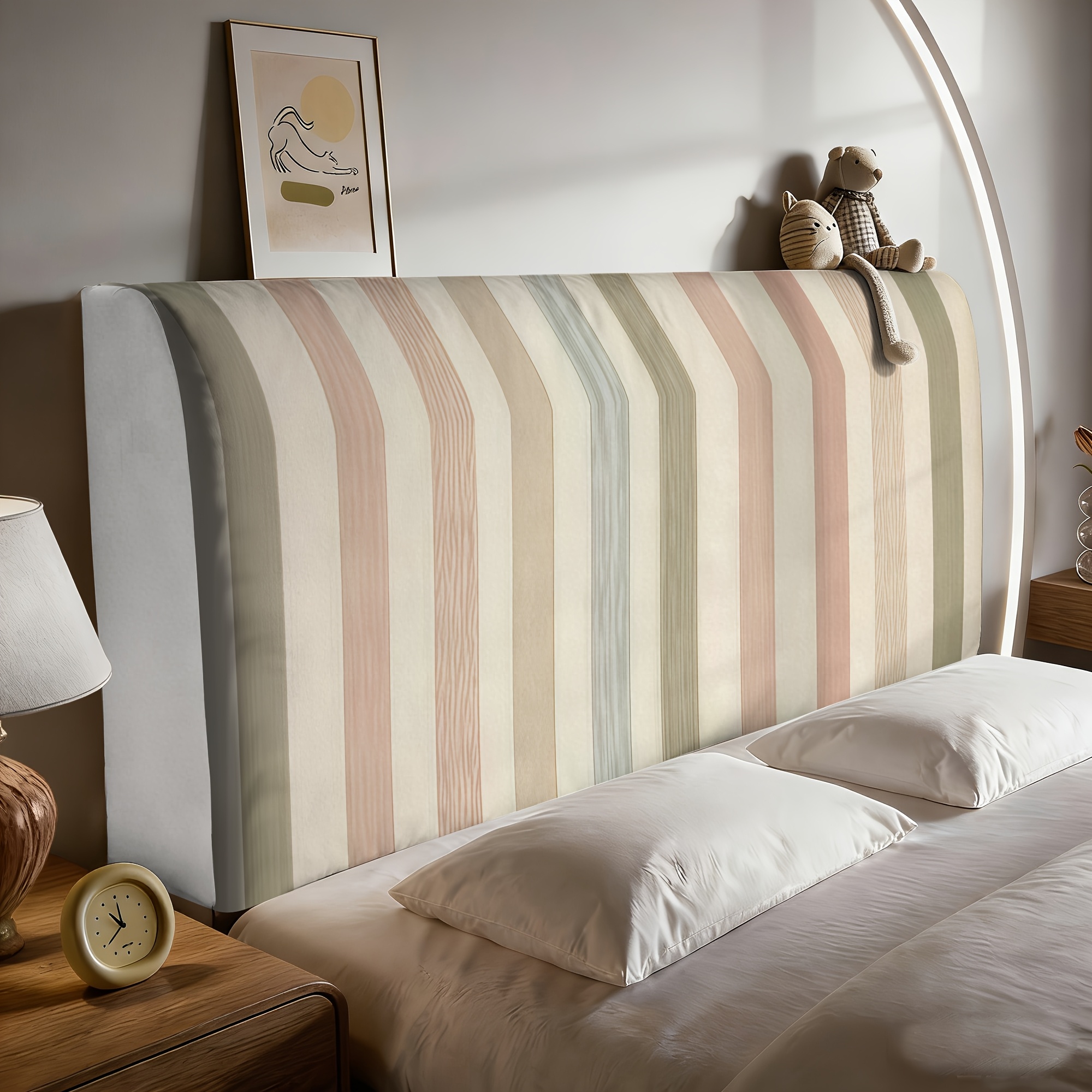 TEMU 1pc Morandi Pink-brown Vertical Stripe Print Headboard Cover, 2d Flat, Washable Home Decor, Soft Back With Elastic, Headboard Slipcover, Bedroom