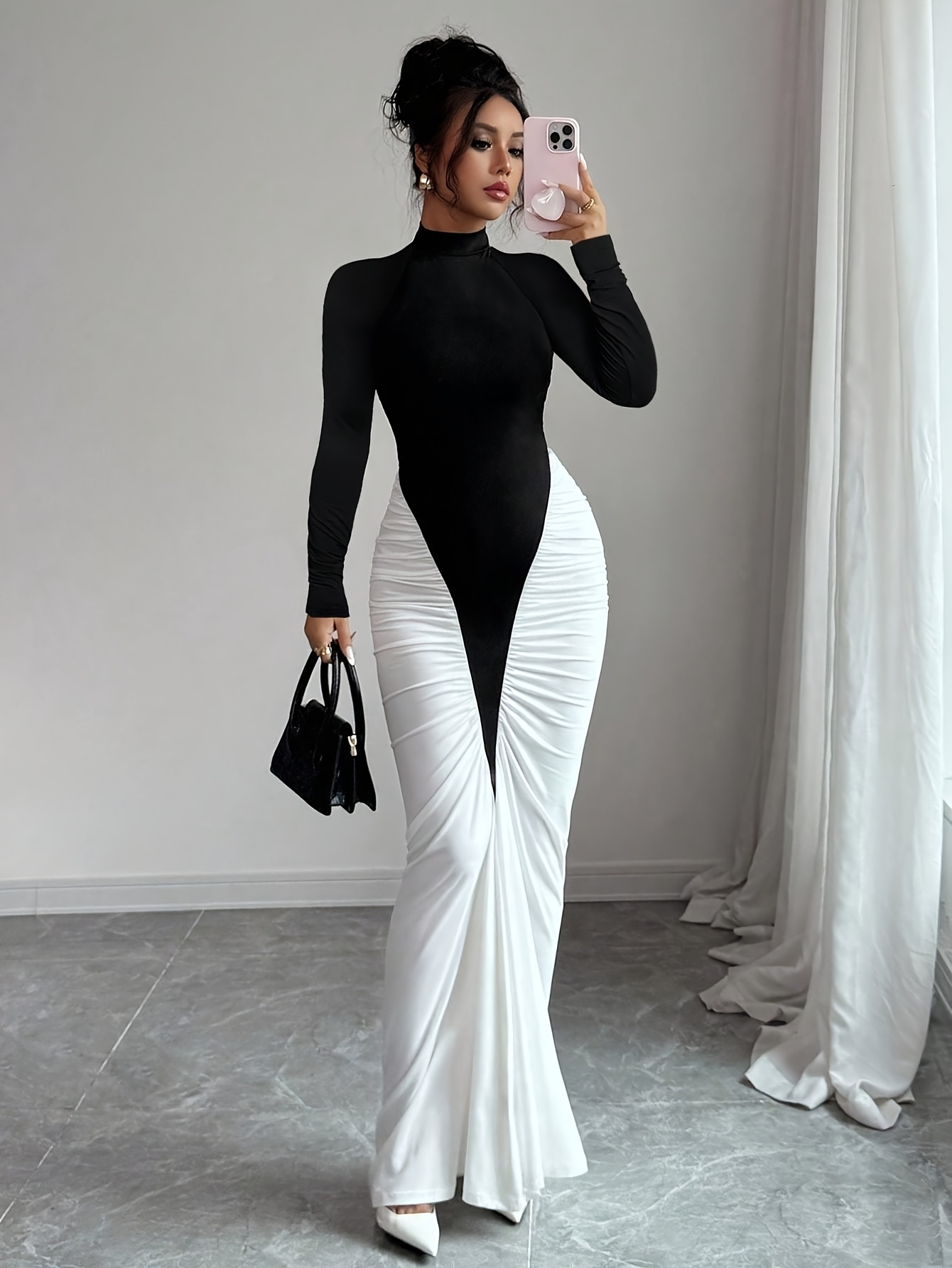 chinese dress ladies Zapaka Women A-Line Scoop Neck Formal Dress Black and White Half Sleeve Long Evening Dress, Black White / US14