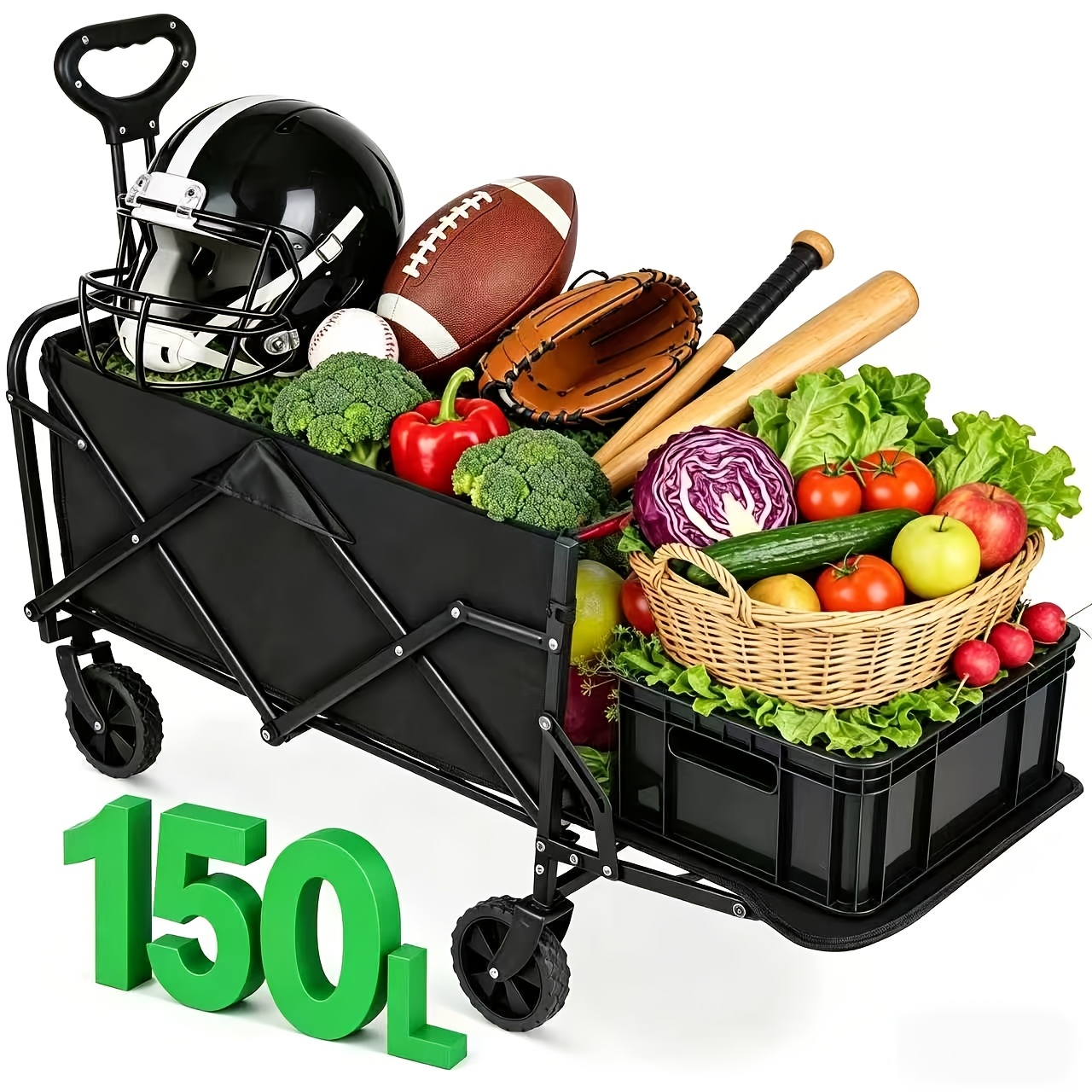 Image of 150l Rear-opening Foldable Camping Cart With Front Wheels And Adjustable Handle, Lightweight Design Weighing Just 5.4kg, Ideal For Shopping, Gardening, Camping, And Fishing; Beach Cart