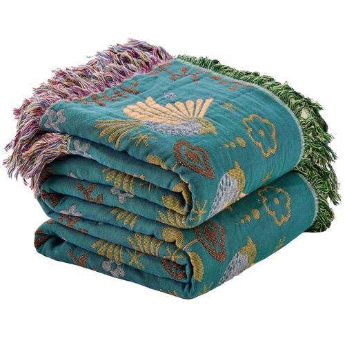 Boho Throw Blanket, 100% Cotton Throw Rustic Quilt, Floral Printed Farmhouse Decor Bed Summer Blankets, Rustic Reversible Bohemian Throw for Bed-
