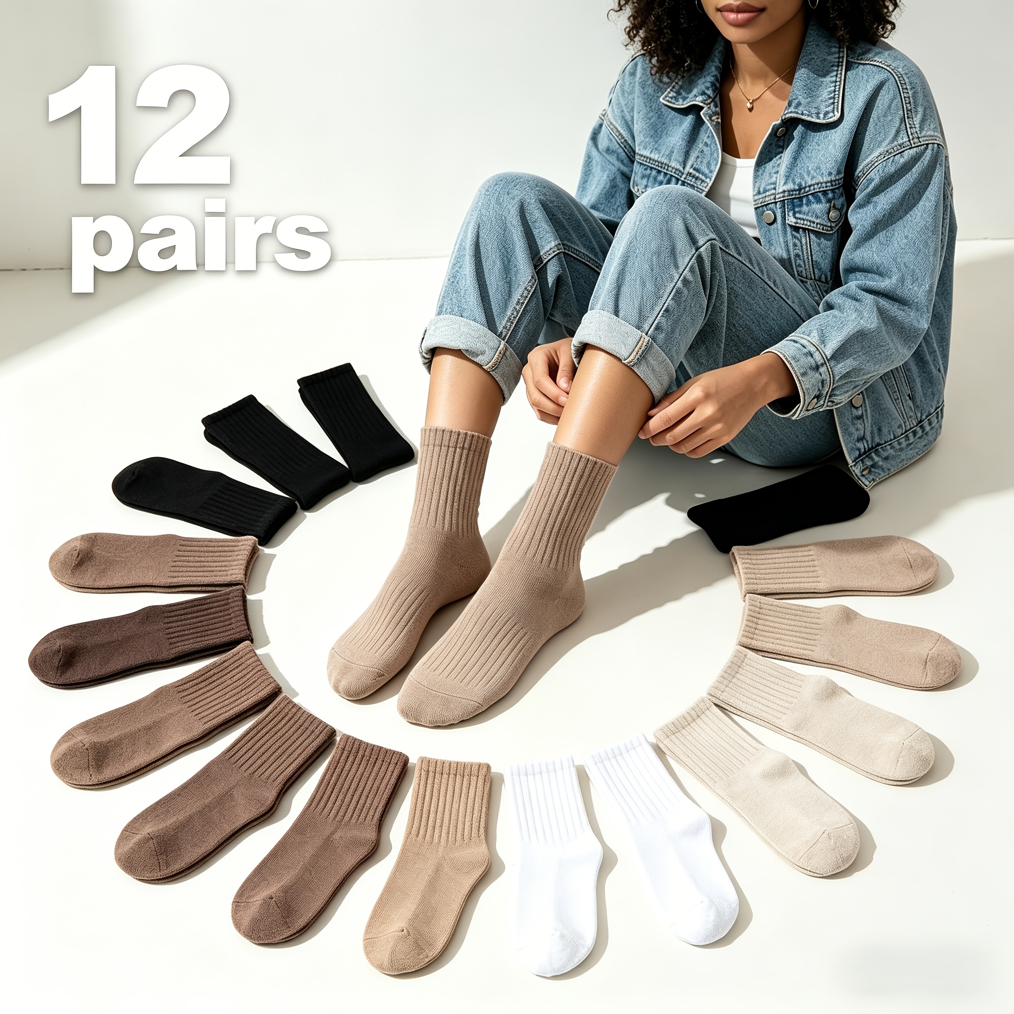 TEMU 12 Pairs Versatile Neutral Socks, Trendy Solid Color, Soft Stretchy Fabric For Jeans And Sneakers All Season