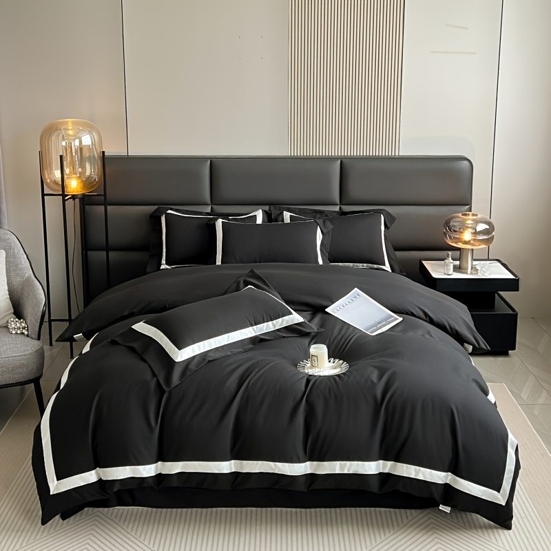 4pcs Elegant Black & White Quilted Bedding Set - Soft Polyester, Machine Washable, Zip Closure, All-Season Comfort, Perfect Gift for Luxury Home Decor, Machine Washable Comfort|Minimalist Aesthetic|Zippered Comforter