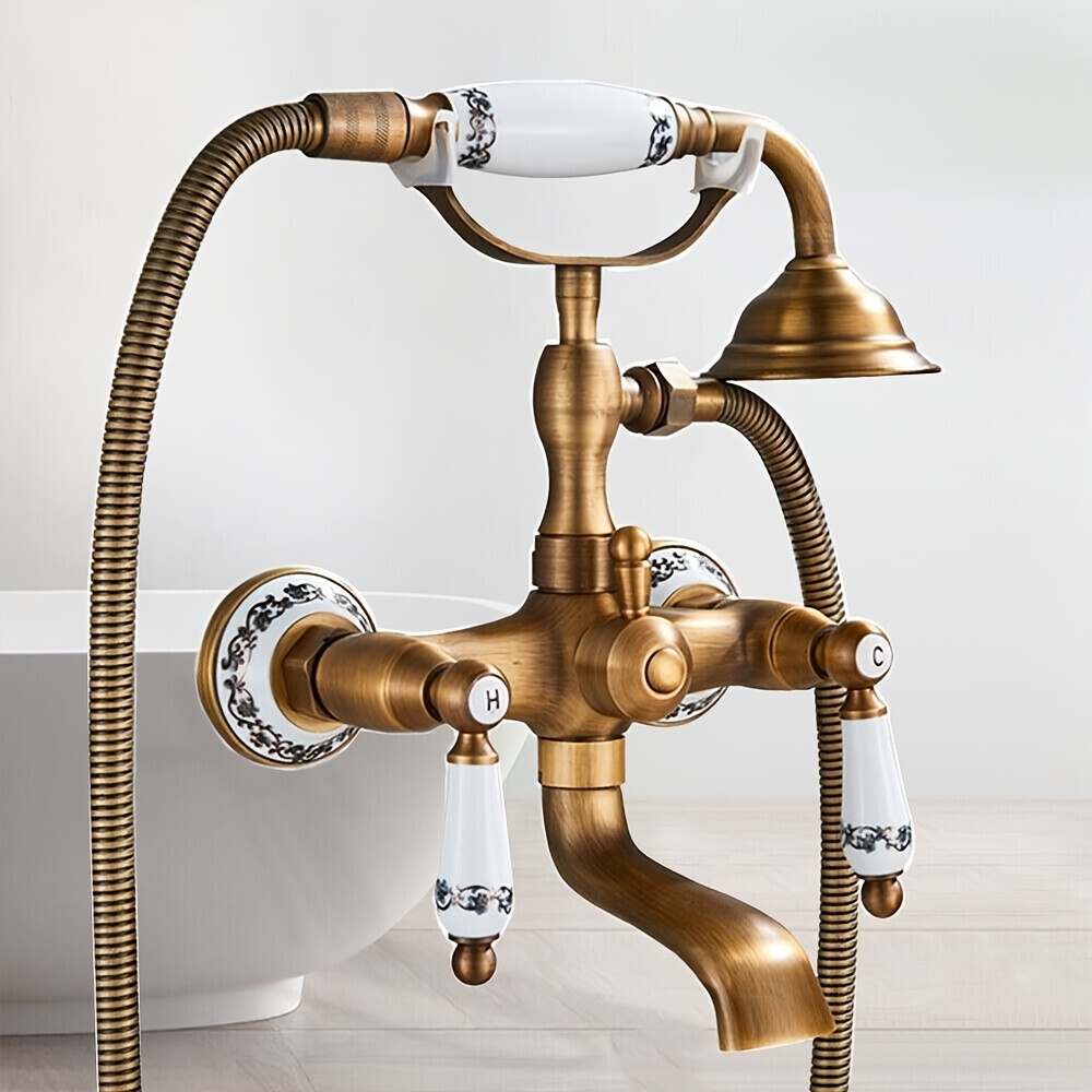 Bath Tap With Hand Shower Brass Wall Mount Shower Head 2 Ceramic Handles Nostalgic Vintage Design Bath Tap