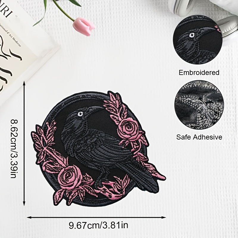 TEMU 1pc Dark Crow Floral Iron On Patch - Gothic Halloween Embroidered Applique For Holes, Clothes, Jeans, Hats, Backpacks, Etc