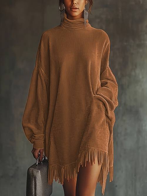 item picture a stylish and unique high end french vintage dress for for autumn and winter casual features a easy solid color high neck with a back zipper lantern sleeves and a fringed