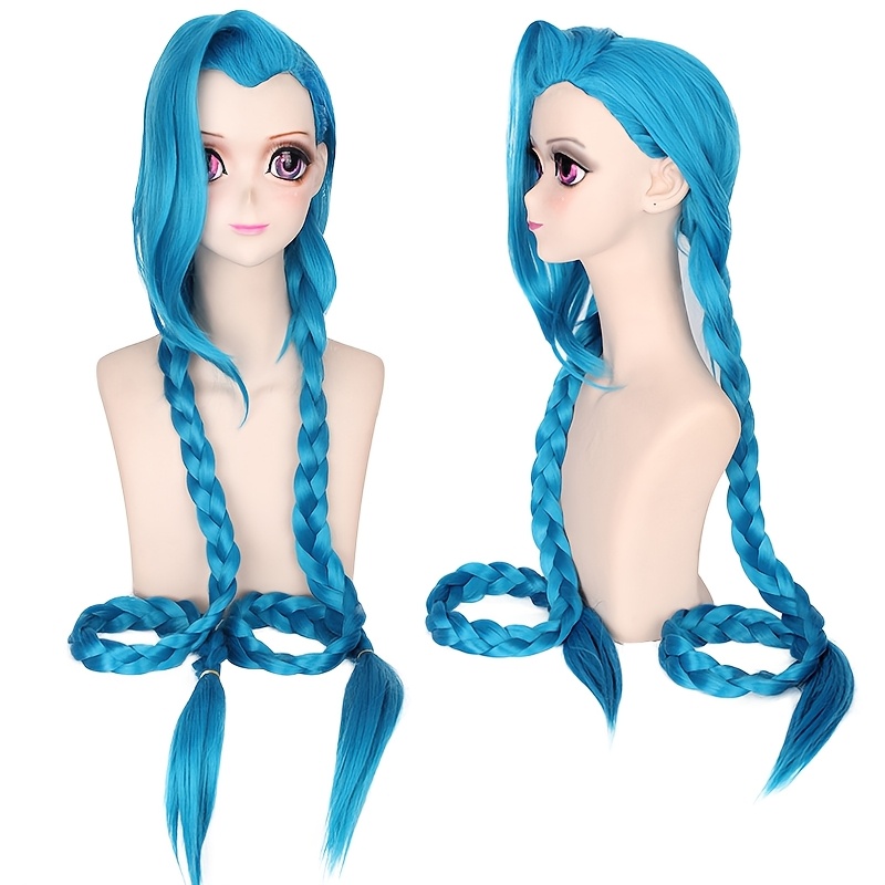 Image of Synthetic Hair Blue Cosplay Wig 110cm Long With Double Braids Halloween Anime Costume Wig Heat Resistant Fiber