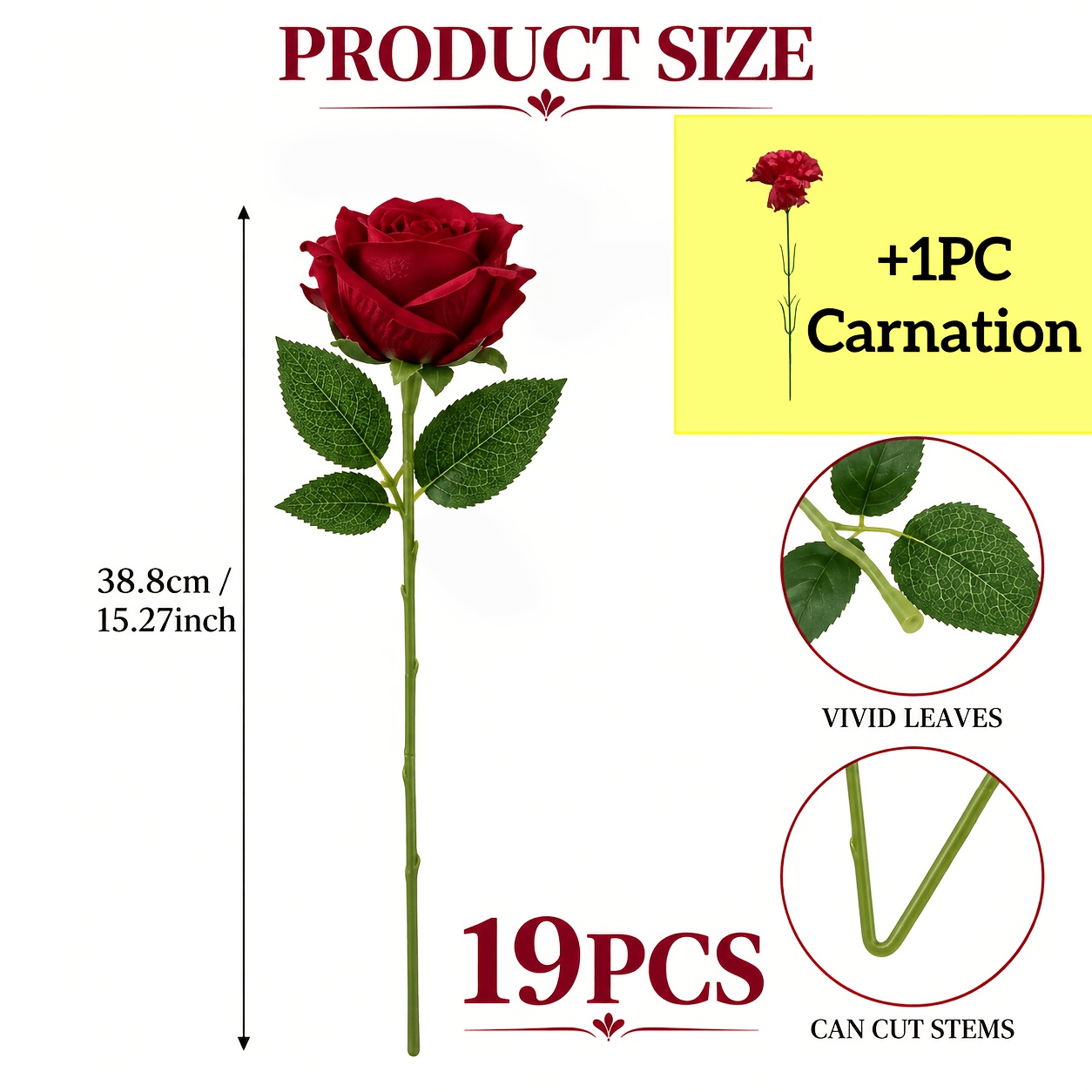 TEMU 19 di Rose Artificiali Borgogna con + 1 Garofano Artificiale - Rose Finte Realistiche per Arredamento , Ufficio, Giardino e Matrimoni - per San