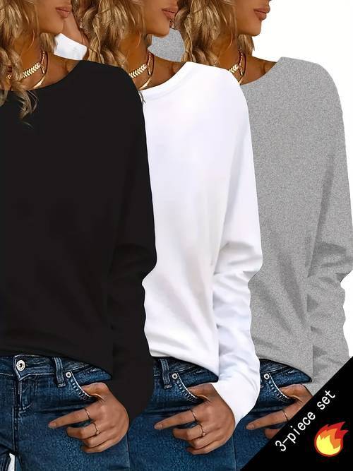 item picture y2k 3pcs solid color long sleeve t shirt set womens warm casual top regular