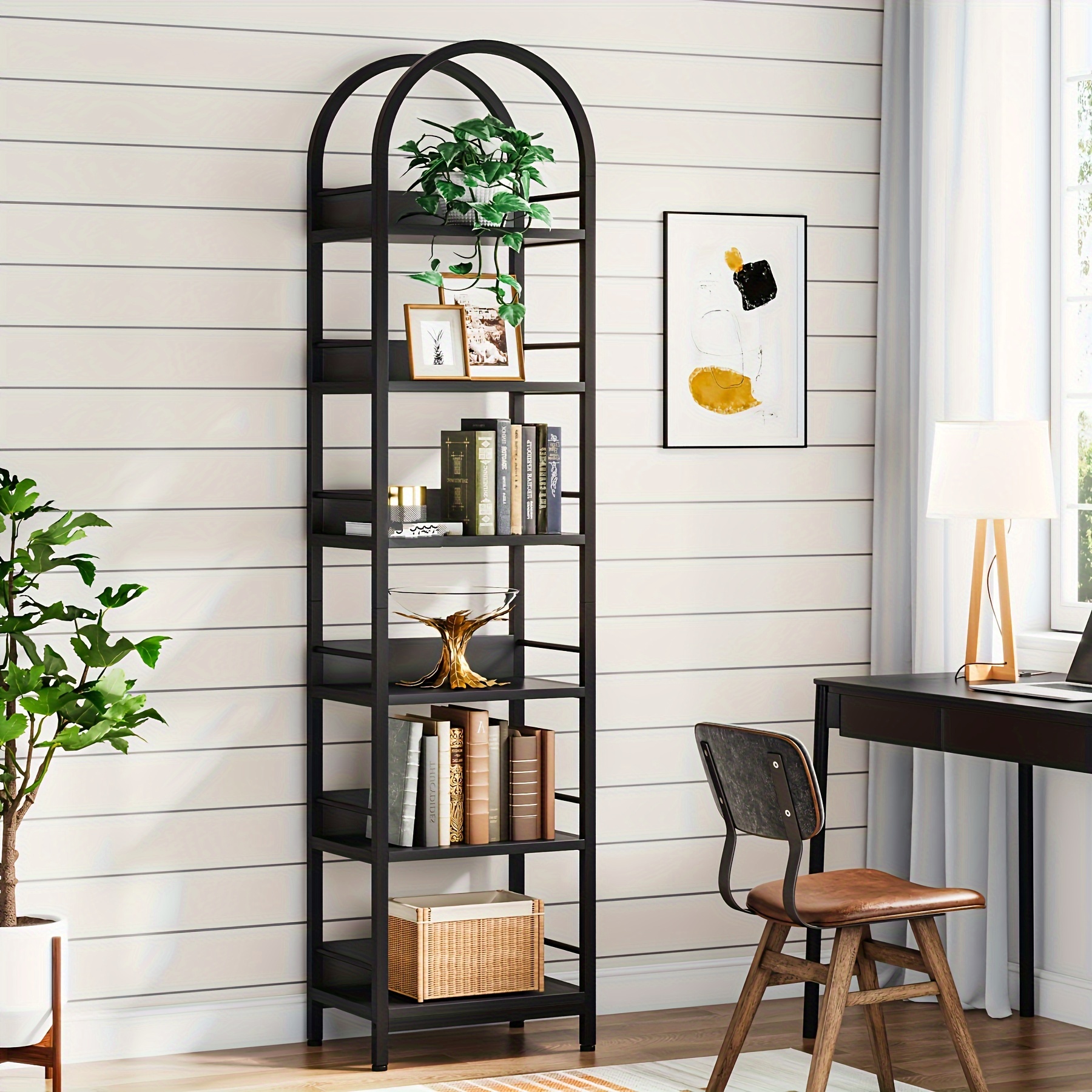 

Little Tree 6-tier Open Bookshelf, 78.7" Tall Arched Bookcase Narrow Bookshelf With Metal Frame, Freestanding Corner Bookcase Display Shelves For Living Room, Home Office