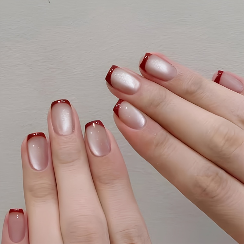 TEMU 30 Kurze Quadratische Weiße Maniküre Rot Französische Katzenaugen Nagelpatch