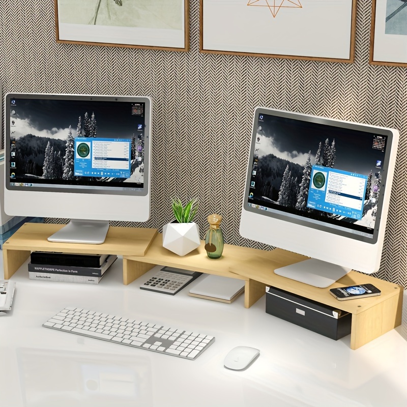 Supporto Monitor Ergonomico A 2 Livelli Con Portaoggetti E Gestione Cavi – Altezza 10,9 Cm, In PVC Legno