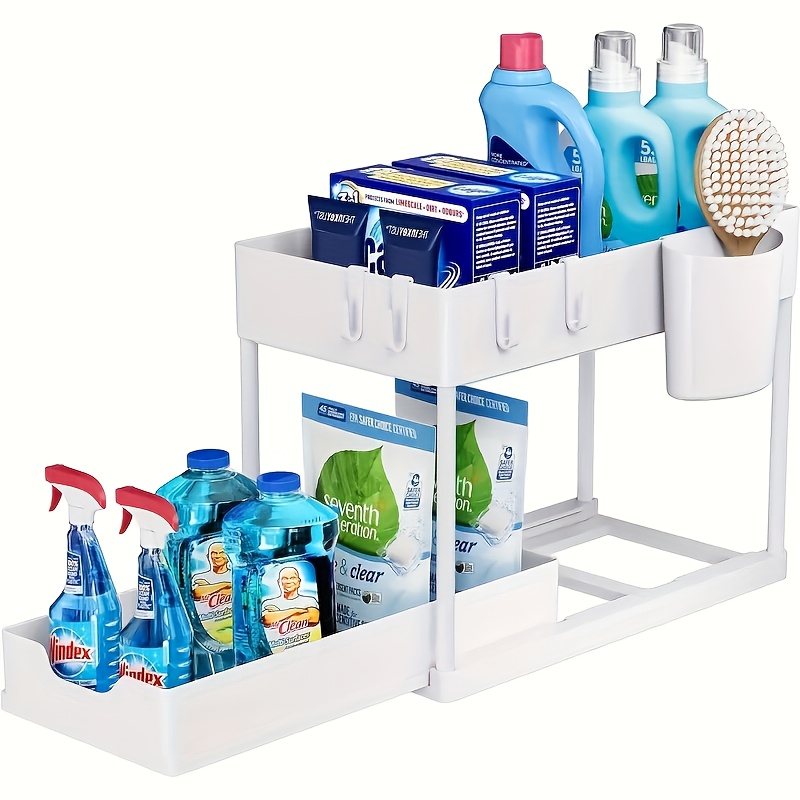 TEMU 2-tier Sliding Under-sink Organizer With Metal Frame - Plastic Storage Baskets, Suitable For Kitchen Spices, Cosmetics And Additions, Bathroom