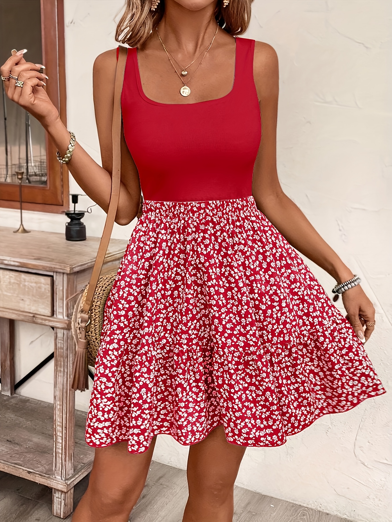2026 new french style   floral print vest dress for women