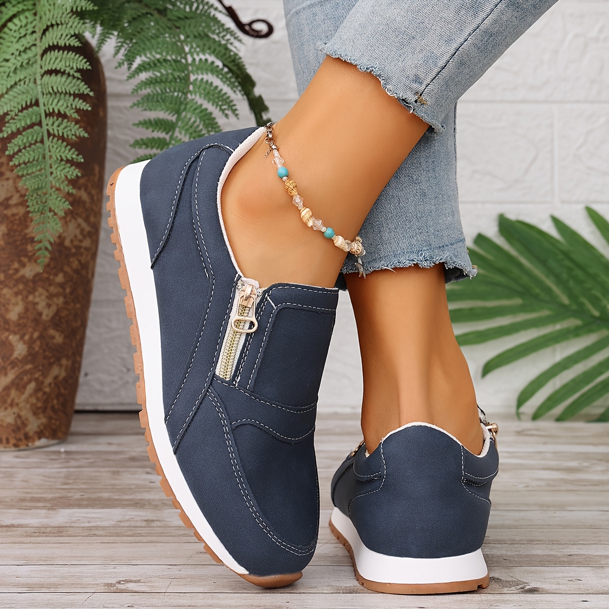 166-23 Navy Blue Women'S Casual Sports Shoes, Suitable for Use During 11 Different Holidays, Comfortable Flat Casual Sneakers for Women, Featuring Double Zipper Closure, Breathable Fabric Upper, Available in Navy Blue And Pink, Round Toe, TPR Sole