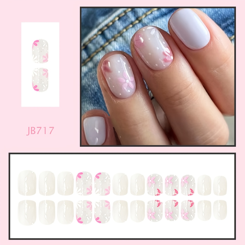 24pcs Of Short Square-shaped Milky Pink And White Floral Press-on Nails, Removable And Wearable