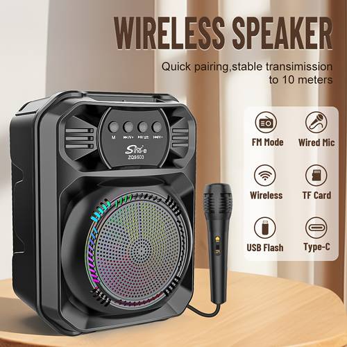 zqs603 outdoor speaker karaoke amplifier with built in rechargeable battery supports aux tf usb tws featuring led light strip for colorful lighting and with a microphone suitable for parties