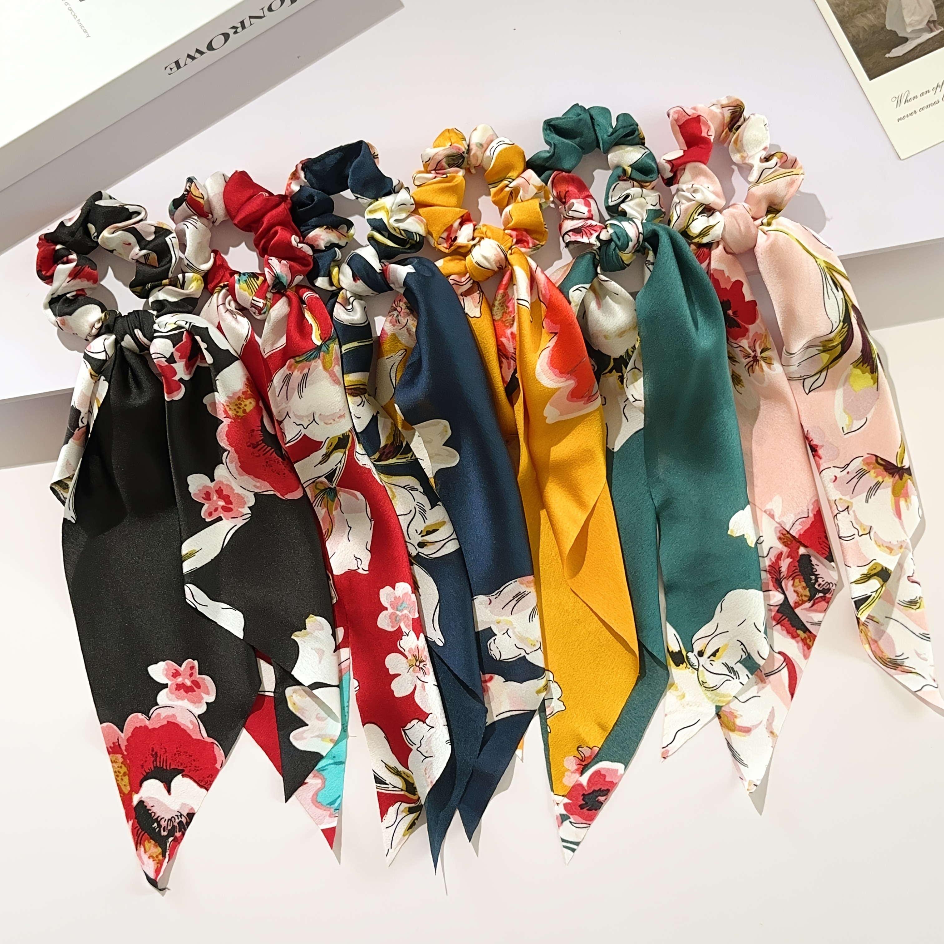 TEMU 6pcs Women's Sweet And Elegant Bohemian Style Printed Ribbon Scrunchie Set, Fashionable Ponytail And Bun Hair Ties, High-elasticity Durable Hair
