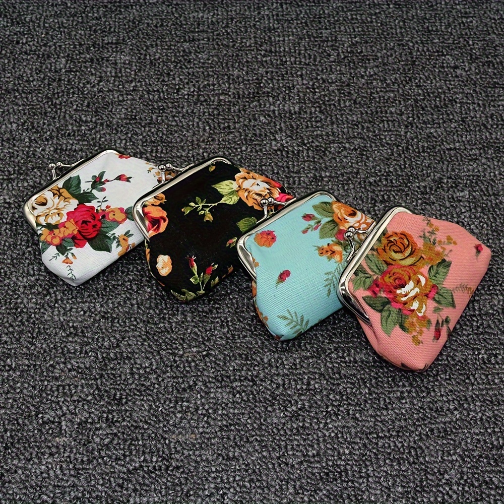 

4-pack Print Coin Purses With Kiss Lock Clasp, Polyester Floral Canvas Small Makeup Pouches For Daily Use, Party Favors, And Gifts - Vintage Style