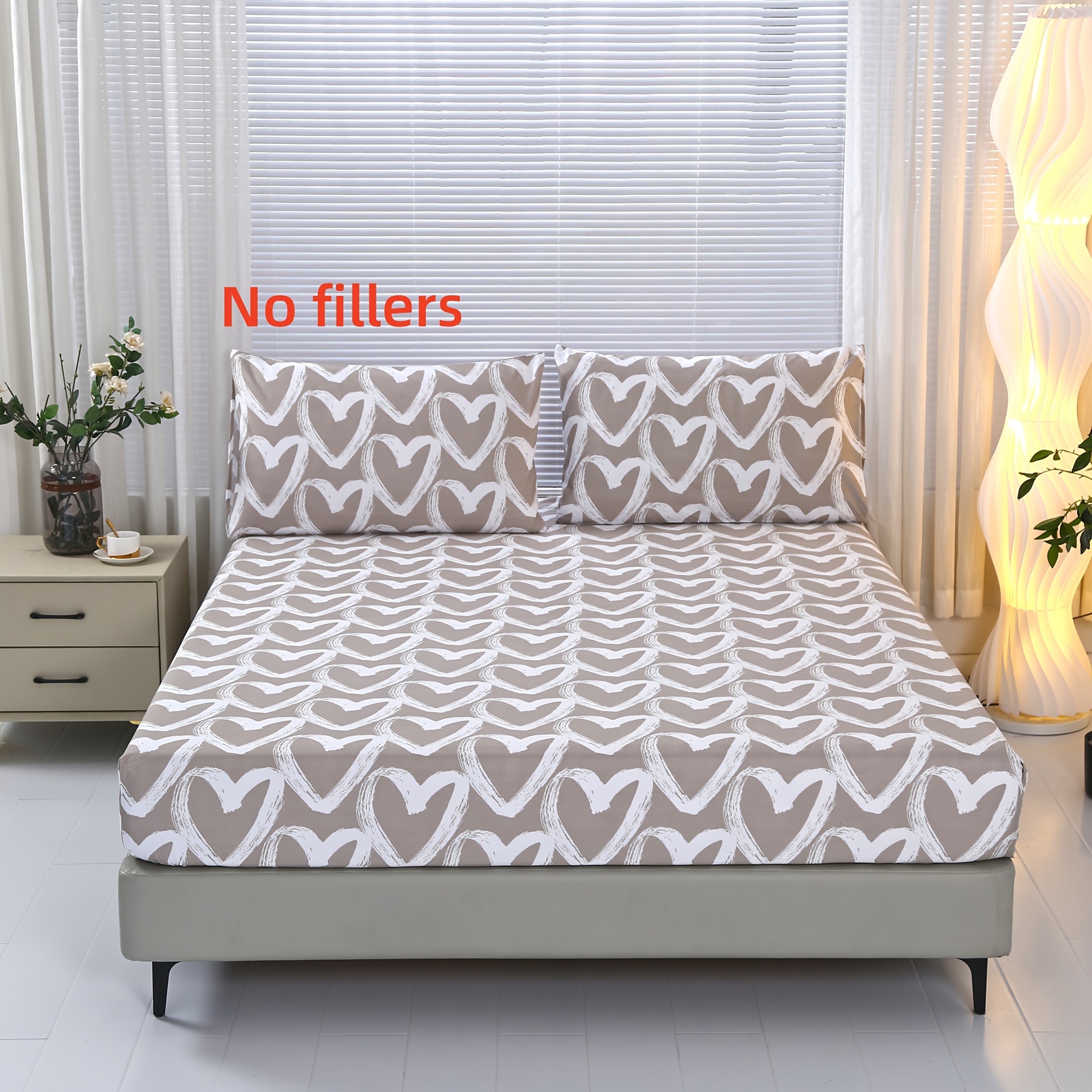 TEMU 3pcs Printed Fitted Sheet Set (1 Fitted Sheet + 2 Pillowcases, Filling Not Included, Pillowcases Random) - Pocket With Heart Pattern, High-end