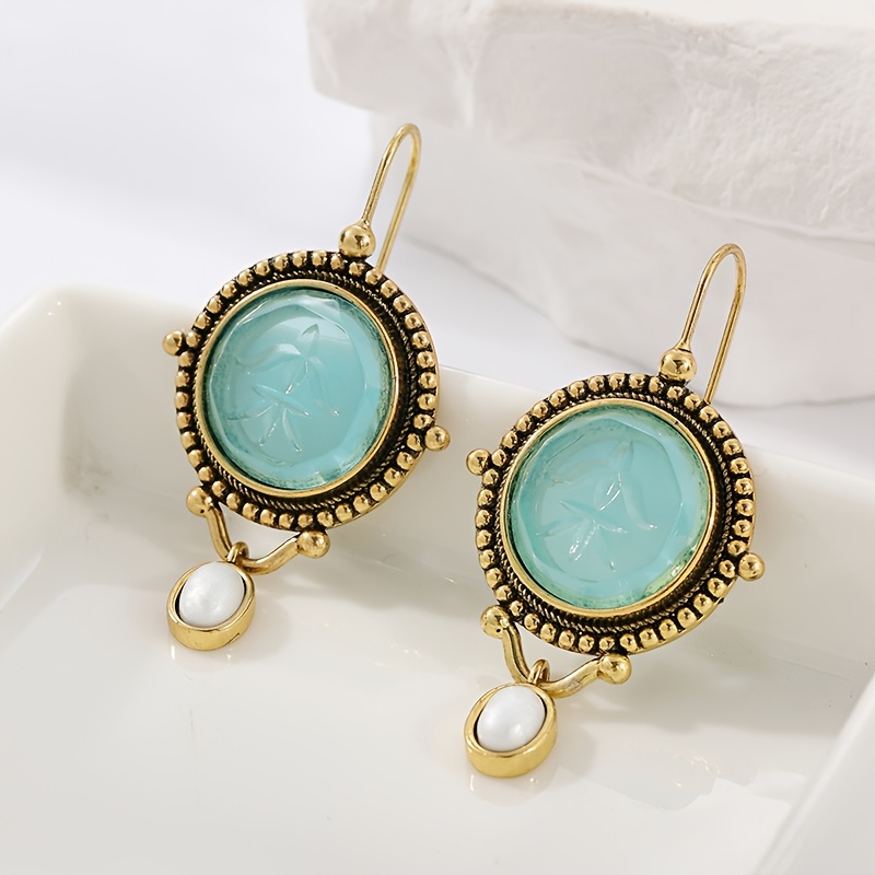 E-shop Paar Vintage-Blau-Intaglio-Ohrschmuck mit goldenem Kupferhalsband und Tränen-Accents - Bohemian-Stil, für den täglichen Gebrauch oder als