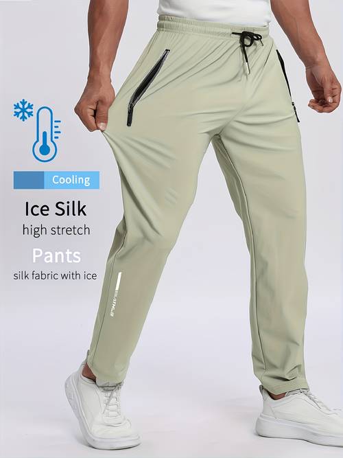 summer lightweight ice silky fiber fabric breathable mens sports pants reflective print details at cuffs with pockets and drawstring zipper details moisture wicking thin and quick drying outdoor pants outdoor sports