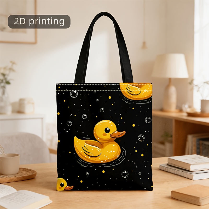 TEMU 1pc Of Crossbody And Handbag For Men And Women, 2d Printed Cartoon Yellow Duck Black Bag With Stars & Bubbles Crossbody Tote For Daily Commute