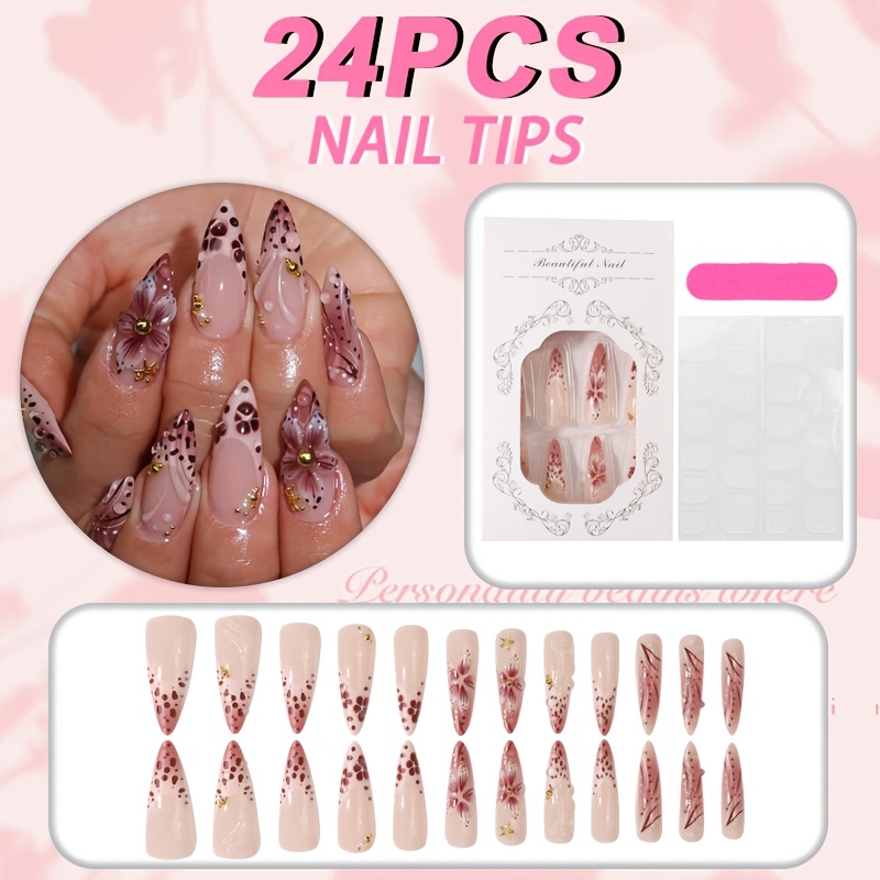 TEMU 24 stuks Medium Amandelvormige Druk-op Nagels Geschikt voor Dames, Stofroze Luipaard & Gouden Bloem Kunstnagels met 3D Volledige , Herbruikbare