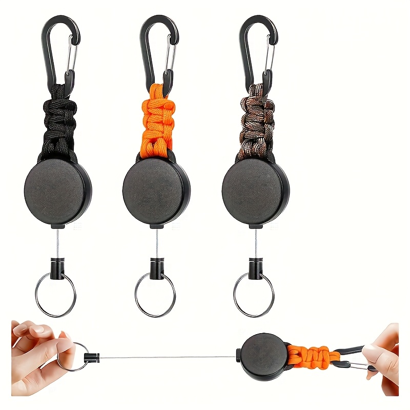 Image of 3pcs/set Heavy-duty Stretchable Keychains - Black, Orange, Patterned Id Holder Reel, Pp Material