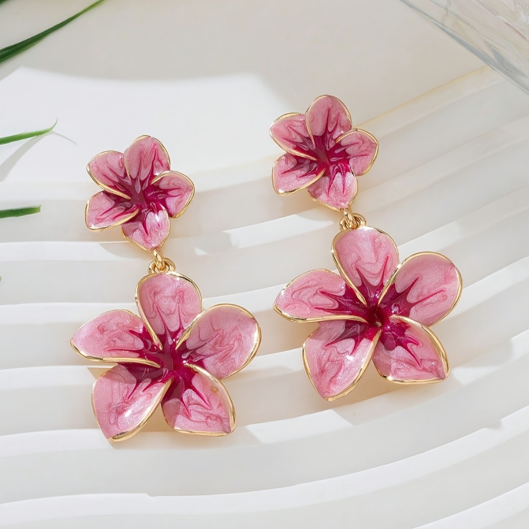 TEMU A Pair Of Women's Fashionable Drop Earrings, Featuring A Vintage-inspired Elegant Irregular Drip-glaze Pink Floral Pendant. Suitable For Daily
