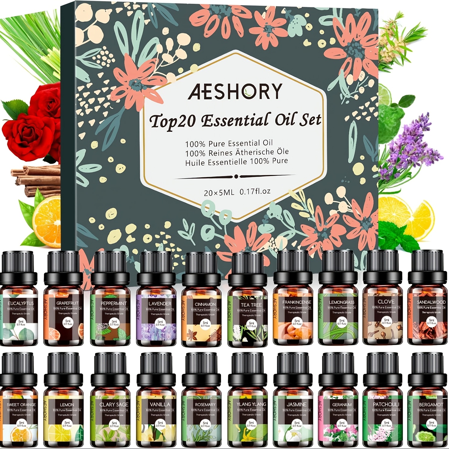 TEMU Essential Oils Set - 20pcs Essential Oil Kit For Diffuser, Humidifier, - Lavender, , Lemon, Peppermint, Rosemary, Oils (5ml)