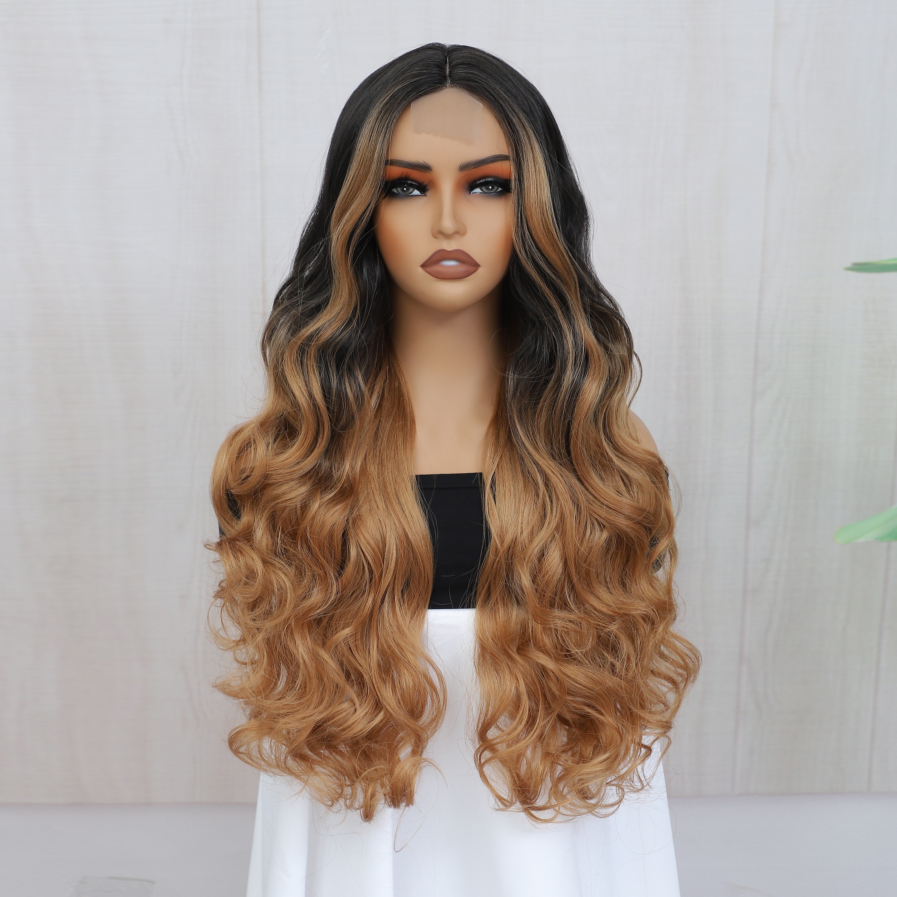 Ombre Long Wave Synthetic Wig 28 Inch Highlight Body Wave Wigs Brown Curly 1B 30 Colored Synthetic Hair For Woman Daily Use 4 2 Lace Wig