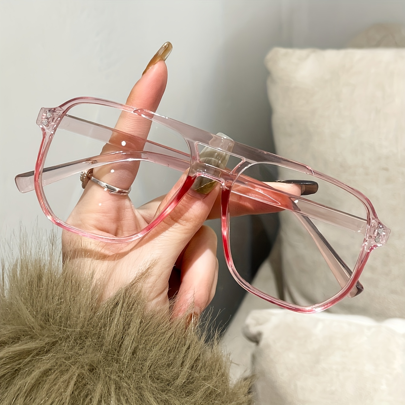 Oversized Pink Square Glasses Clear Lens | Transparent Frame Fashion Eyewear SO&EI Fashion Oversized Square Women Glasses Frame Vintage  main image 4