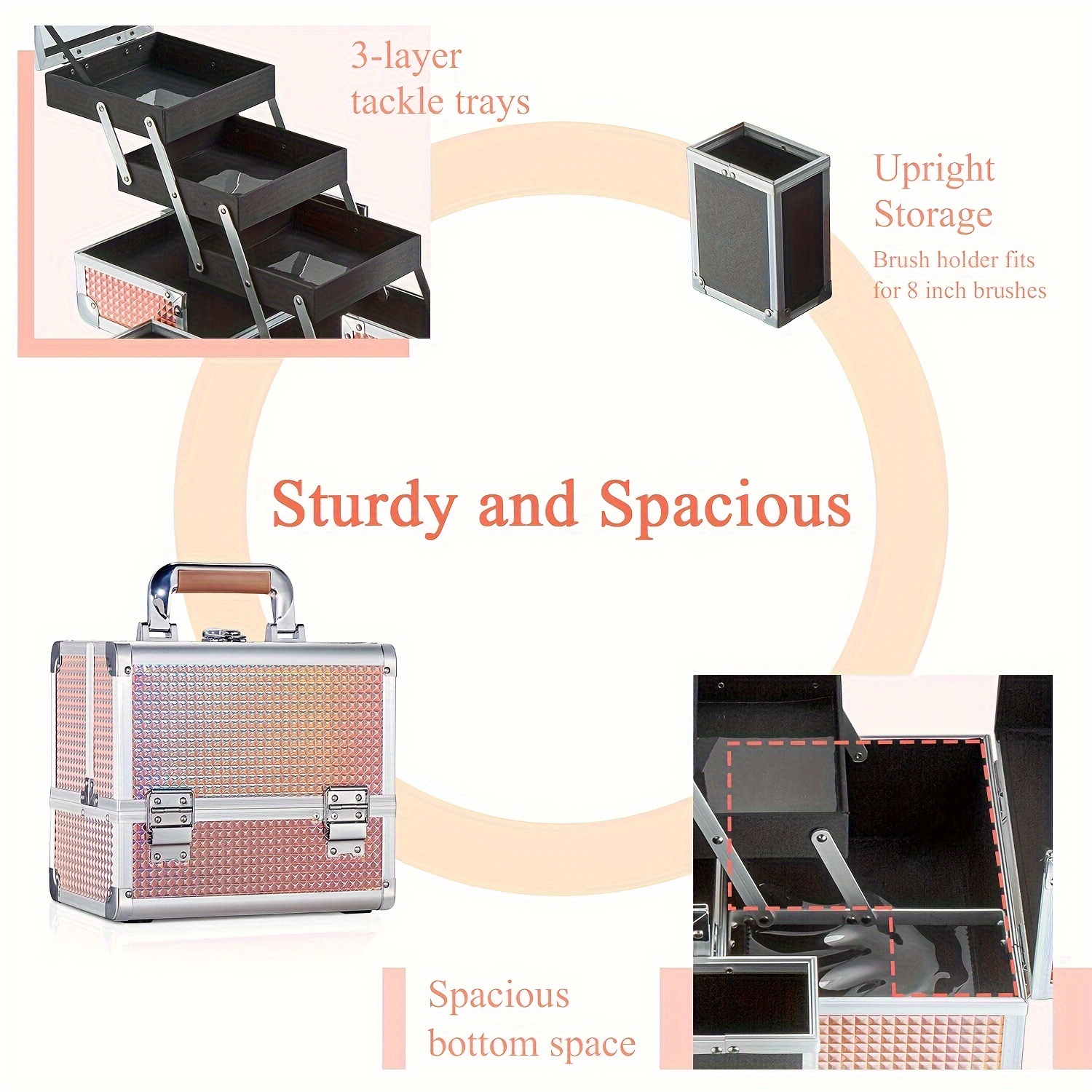 portable aluminum makeup case with trays diamond textured abs cosmetic organizer large capacity for nail tools durable travel friendly vanity box for artists daily use details 5