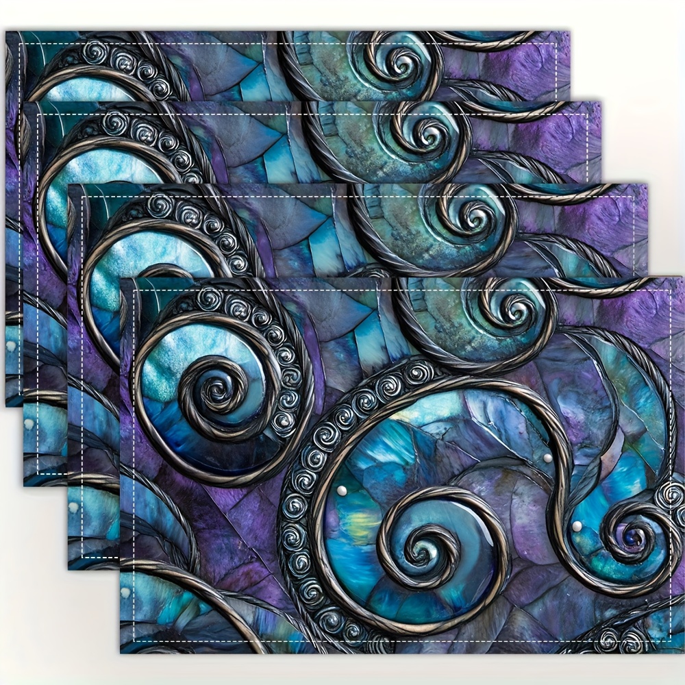 TEMU 4pcs 2d Flat New Zealand Maori Placemats - Elegant Teal, Blue, And Purple-black Table Runners, Suitable For Formal And Casual Occasions, Premium