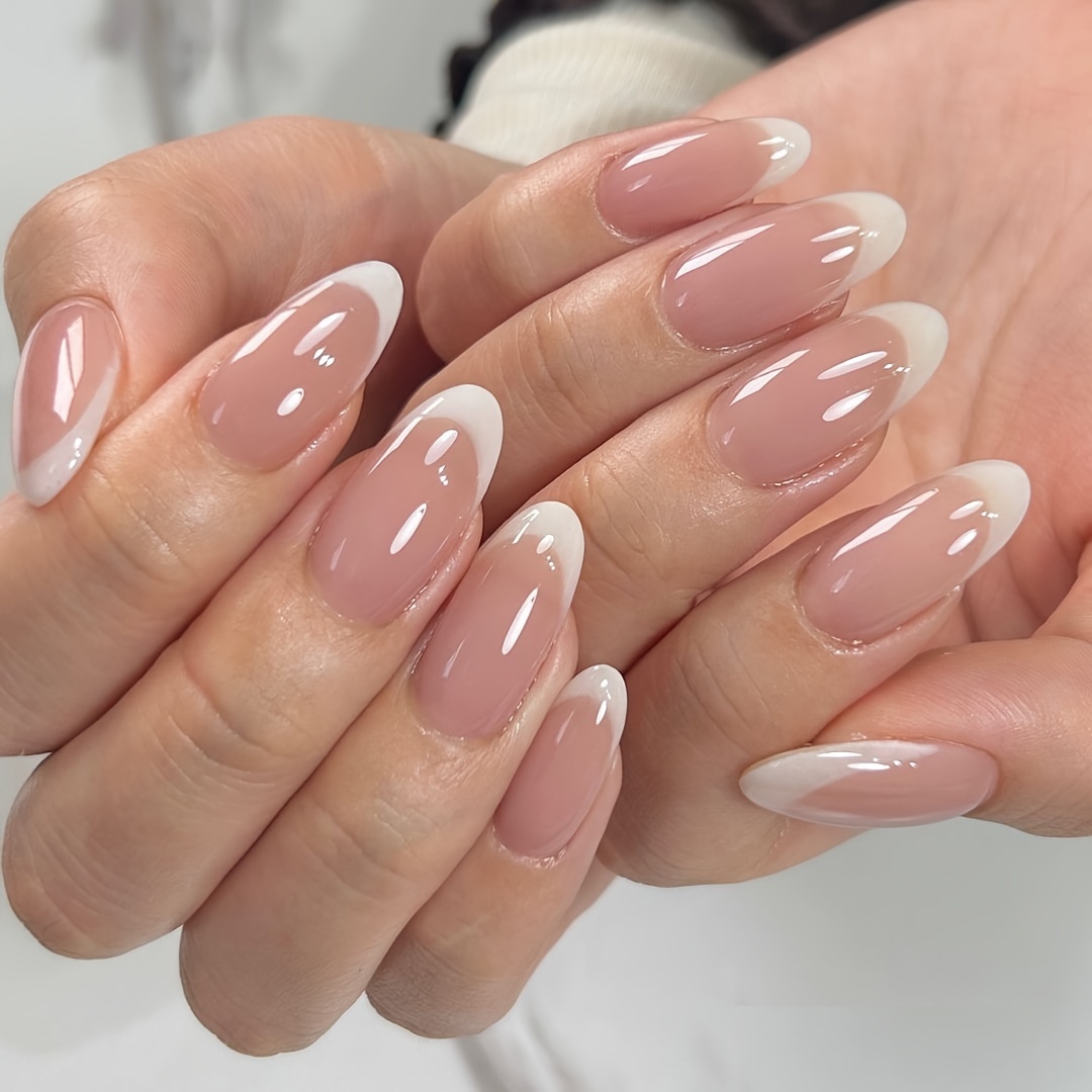 24pcs white french fake nails nude press on nails short almond false nails classic acrylic nails for women and girls details 0